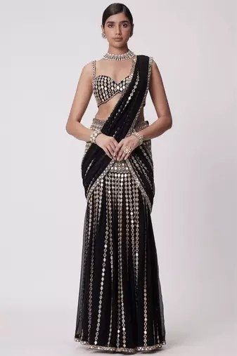 Black Color Dori And Embellished With Real Mirror Work  Faux Georgette  Ready to Wear Saree