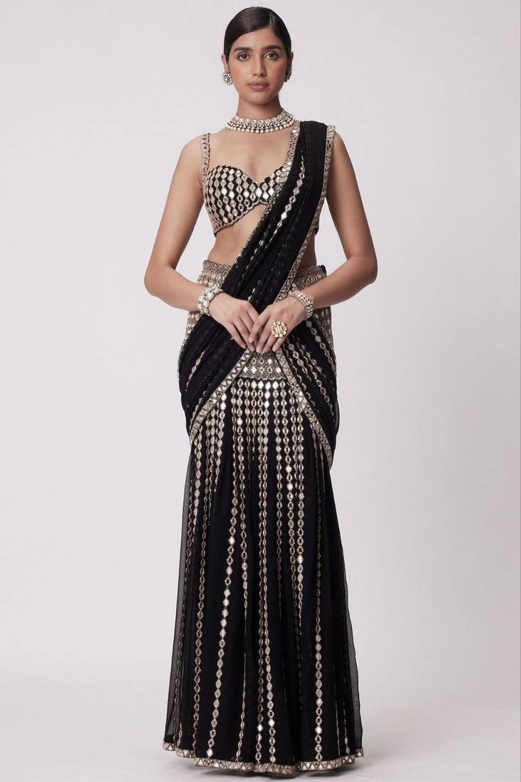Black Color Dori And Embellished With Real Mirror Work  Faux Georgette  Ready to Wear Saree
