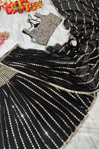 Black Color Dori And Embellished With Real Mirror Work  Faux Georgette  Ready to Wear Saree