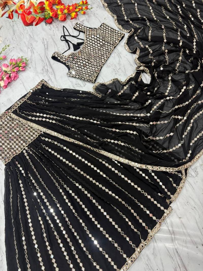 Black Color Dori And Embellished With Real Mirror Work  Faux Georgette  Ready to Wear Saree