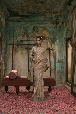 Cream Color Sequins And Coding Work art silk saree 1