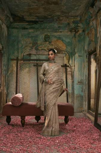 Cream Color Sequins And Coding Work Silk Saree