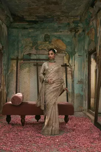 Cream Color Sequins And Coding Work Silk Saree