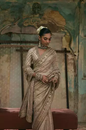 Cream Color Sequins And Coding Work art silk saree