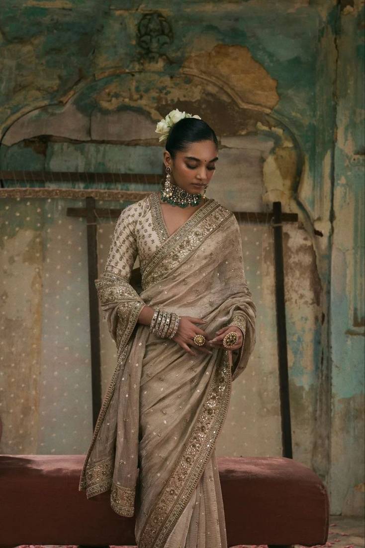 Cream Color Sequins And Coding Work Silk Saree