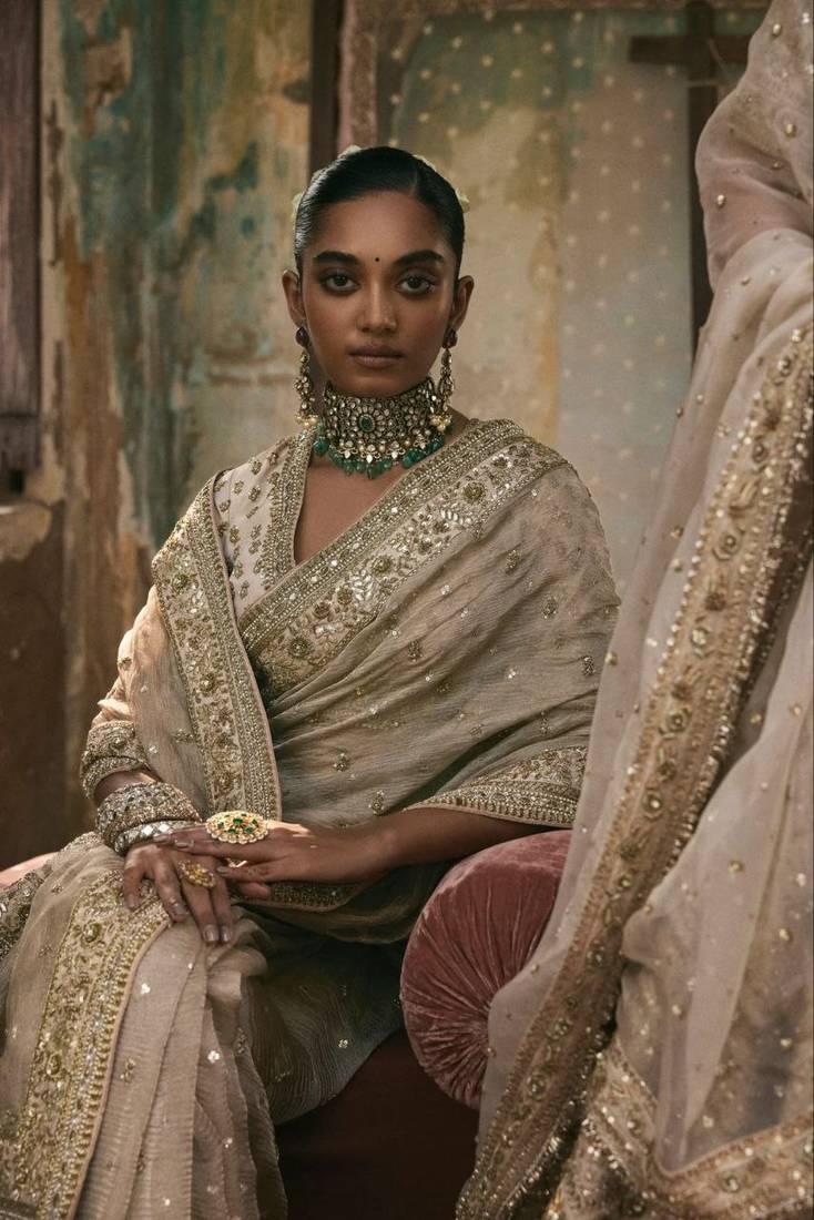 Cream Color Sequins And Coding Work Silk Saree