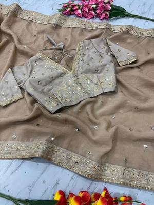 Cream Color Sequins And Coding Work art silk saree 4