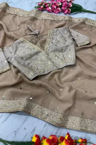 Cream Color Sequins And Coding Work art silk saree