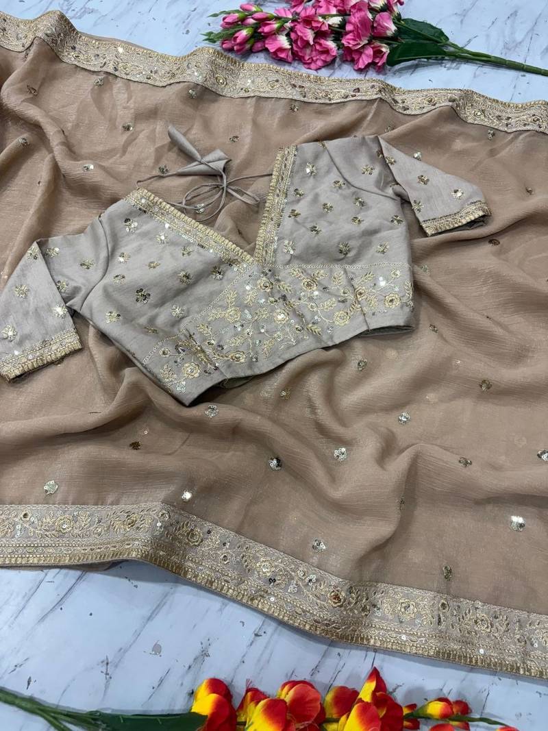 Cream Color Sequins And Coding Work Silk Saree