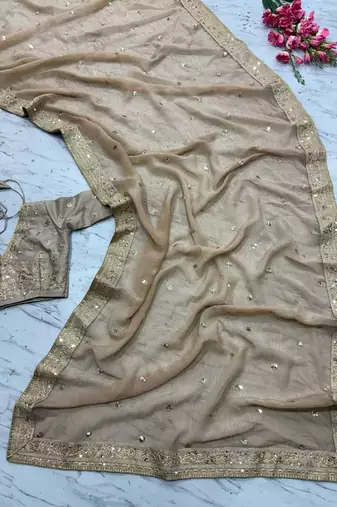Cream Color Sequins And Coding Work art silk saree