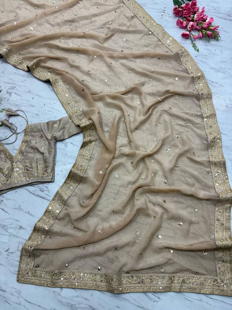 Cream Color Sequins And Coding Work Silk Saree