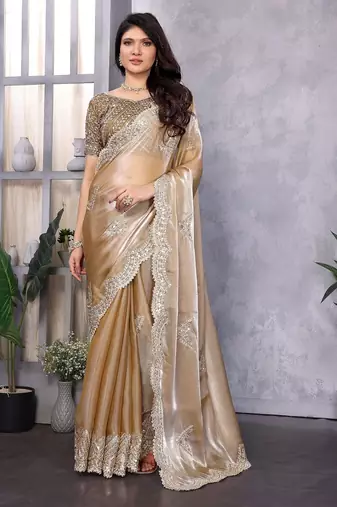 Beige embroidered embellished shimmer chiffon bollywood saree with blouse