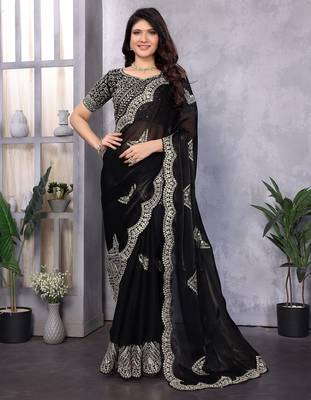 Black embroidered embellished shimmer chiffon bollywood saree with blouse 1