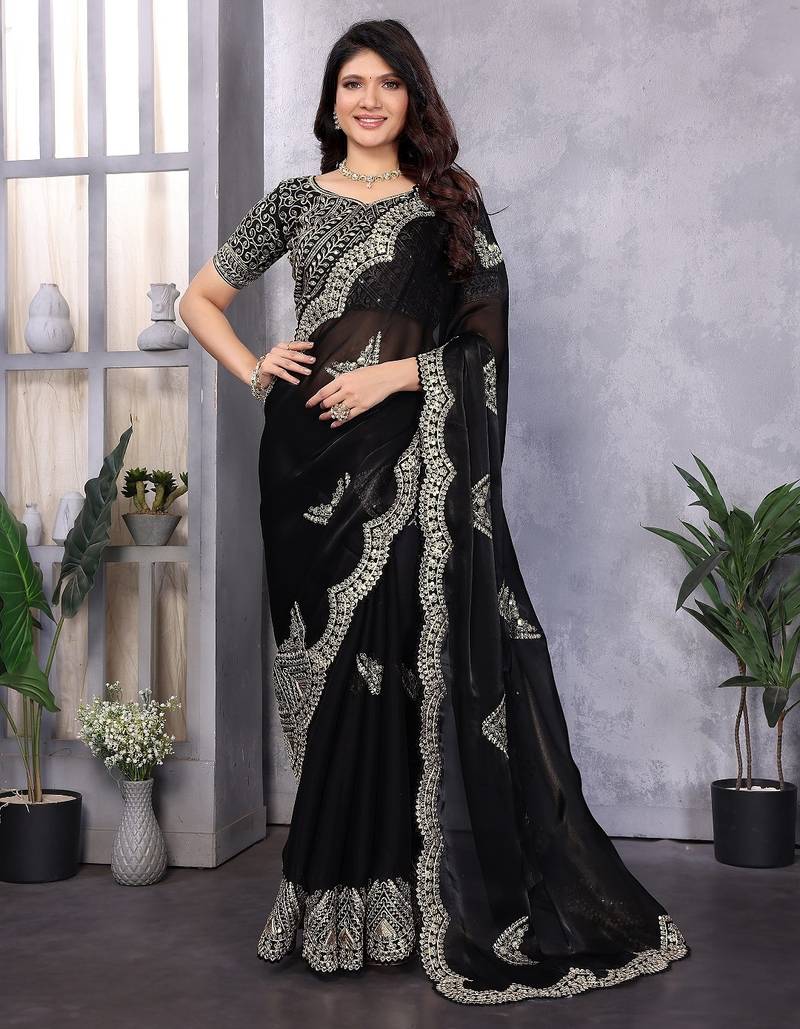 Black embroidered embellished shimmer chiffon bollywood saree with blouse