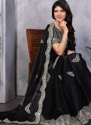 Black embroidered embellished shimmer chiffon bollywood saree with blouse 2