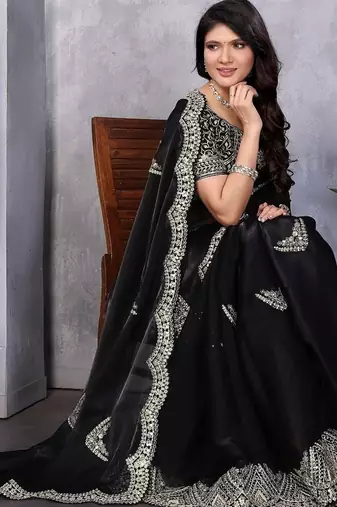 Black embroidered embellished shimmer chiffon bollywood saree with blouse