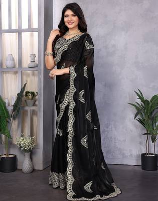 Black embroidered embellished shimmer chiffon bollywood saree with blouse 3