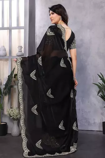 Black embroidered embellished shimmer chiffon bollywood saree with blouse