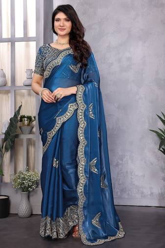 Blue embroidered embellished shimmer chiffon bollywood saree with blouse
