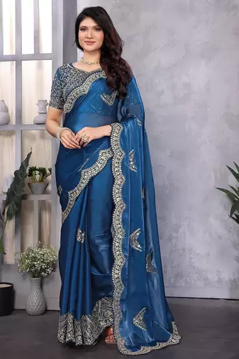 Blue embroidered embellished shimmer chiffon bollywood saree with blouse