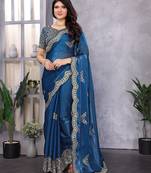 Blue embroidered embellished shimmer chiffon bollywood saree with blouse