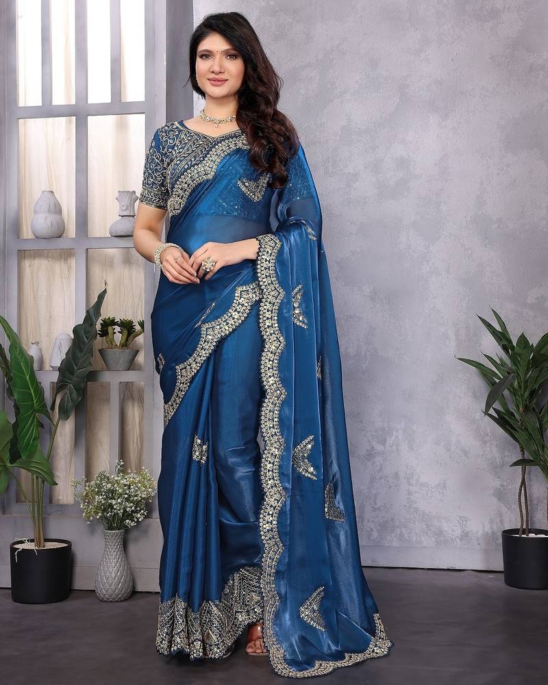Blue embroidered embellished shimmer chiffon bollywood saree with blouse