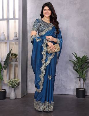 Blue embroidered embellished shimmer chiffon bollywood saree with blouse 2