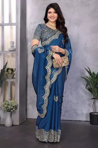 Blue embroidered embellished shimmer chiffon bollywood saree with blouse