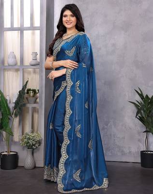 Blue embroidered embellished shimmer chiffon bollywood saree with blouse 3