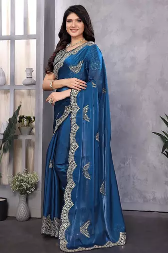 Blue embroidered embellished shimmer chiffon bollywood saree with blouse