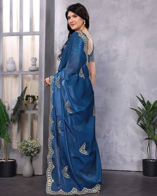 Blue embroidered embellished shimmer chiffon bollywood saree with blouse 4