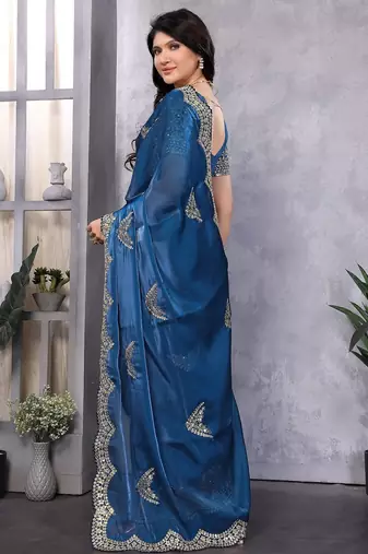 Blue embroidered embellished shimmer chiffon bollywood saree with blouse