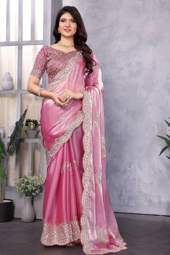 Light pink embroidered embellished shimmer chiffon bollywood saree with blouse