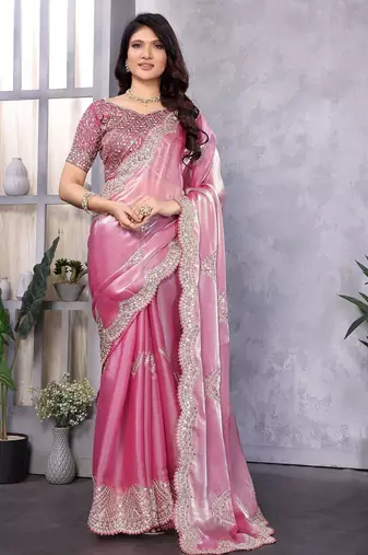 Light pink embroidered embellished shimmer chiffon bollywood saree with blouse