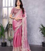 Light pink embroidered embellished shimmer chiffon bollywood saree with blouse