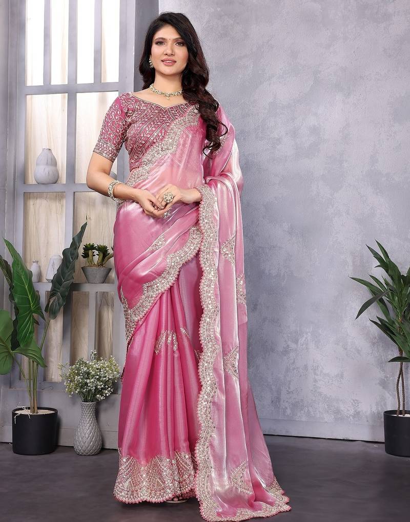 Light pink embroidered embellished shimmer chiffon bollywood saree with blouse
