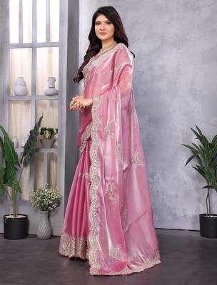 Light pink embroidered embellished shimmer chiffon bollywood saree with blouse 3