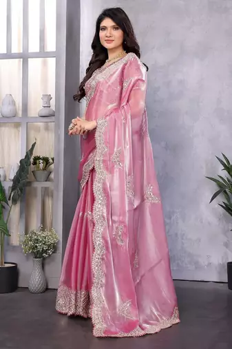 Light pink embroidered embellished shimmer chiffon bollywood saree with blouse