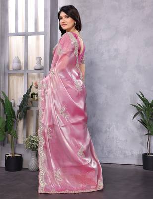Light pink embroidered embellished shimmer chiffon bollywood saree with blouse 4