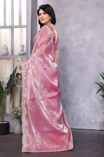 Light pink embroidered embellished shimmer chiffon bollywood saree with blouse