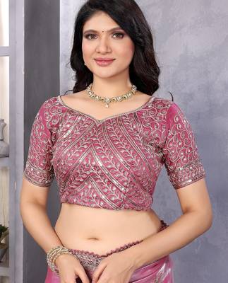 Light pink embroidered embellished shimmer chiffon bollywood saree with blouse 5