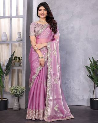 Light purple embroidered embellished shimmer chiffon bollywood saree with blouse 1