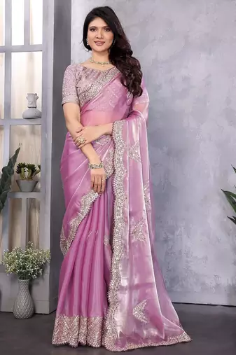 Light purple embroidered embellished shimmer chiffon bollywood saree with blouse