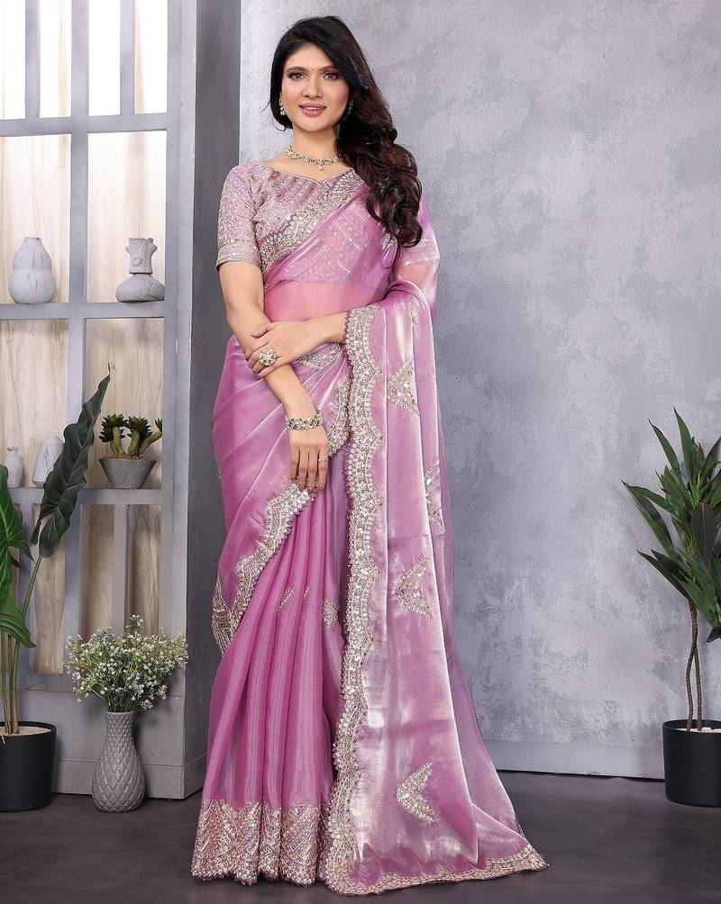 Light purple embroidered embellished shimmer chiffon bollywood saree with blouse