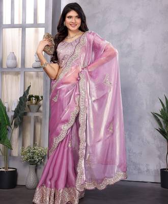 Light purple embroidered embellished shimmer chiffon bollywood saree with blouse 2