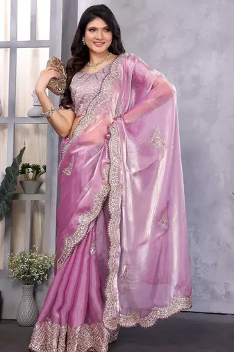 Light purple embroidered embellished shimmer chiffon bollywood saree with blouse