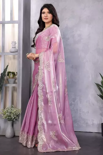 Light purple embroidered embellished shimmer chiffon bollywood saree with blouse