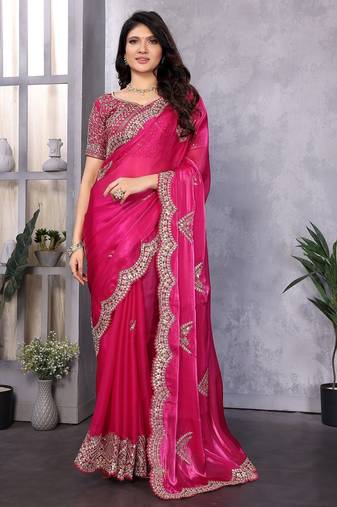 Pink embroidered embellished shimmer chiffon bollywood saree with blouse