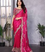 Pink embroidered embellished shimmer chiffon bollywood saree with blouse