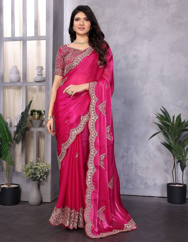 Pink embroidered embellished shimmer chiffon bollywood saree with blouse